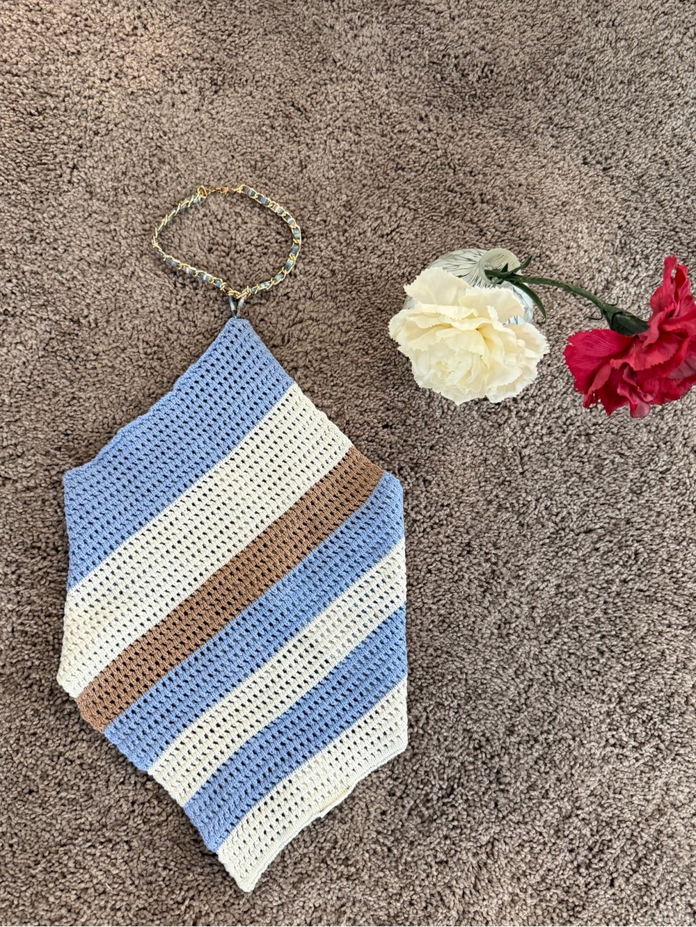 SHEIN Blue, Cream & Brown Crochet Halter Scarf Top